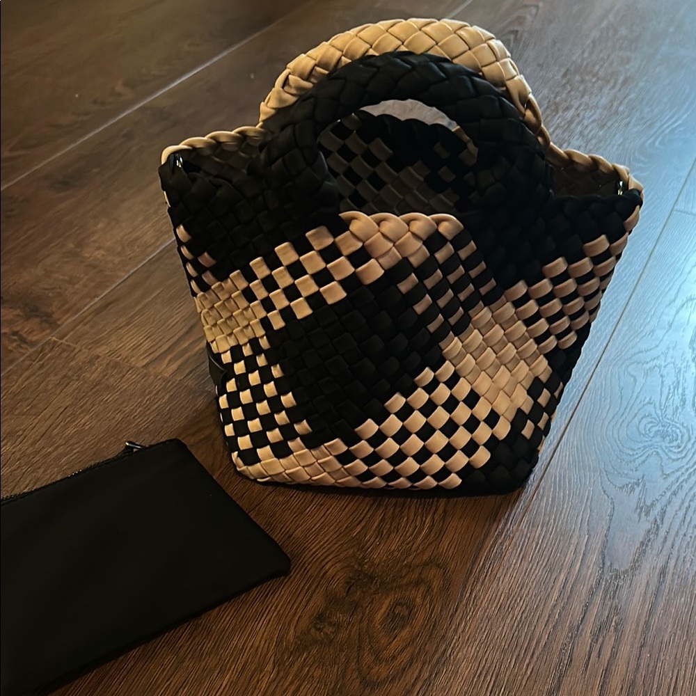Naghedi Black and Tan Woven Petit Woven Tote with Geometric Pattern with pouch